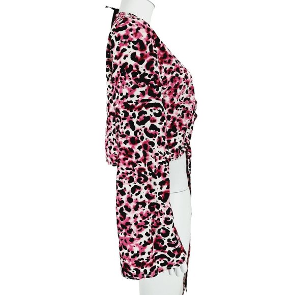NEW Qed Black Pink Leopard Print Long Sleeve Cropped Top UK 14 Tie Front - Picture 2 of 5